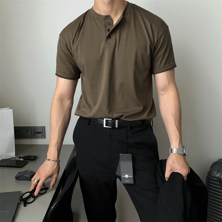 HEARUJOY  -  New Men Light Luxury Henry Collar T-Shirt Leisure Button-down Solid Color Short Sleeve Korean Style 2025 Summer Streetwear M-3XL