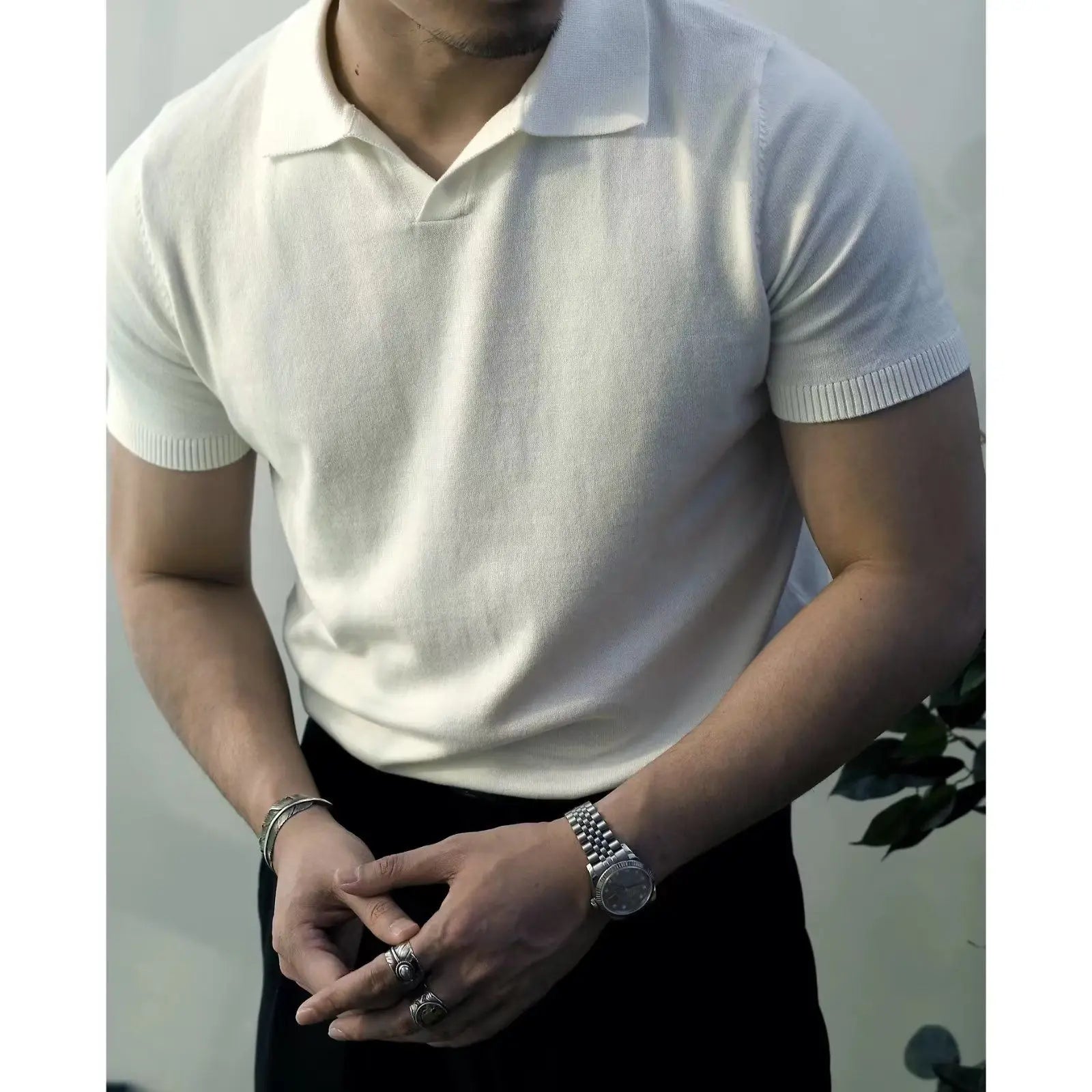 HEARUJOY  -  Summer Men Solid Zipper Knitted Polo Shirt Streetwear Fashion Male Clothes Lapel Slim Basic Business Casual Short Sleeve Tops