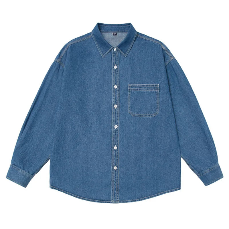 HEARUJOY  -  Mens Button Down Denim Shirt Long Sleeve Lapel Jean Shirt Casual Slim Fit Washed Denim Shirts with Chest Pockets