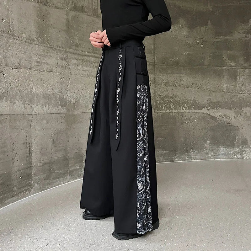 Hearujoy Chinese Style Embroidered Ribbon Skirt Pant Personality Men Patchwork Wide Leg Casual Trousers Fashion Versatile 9C3118