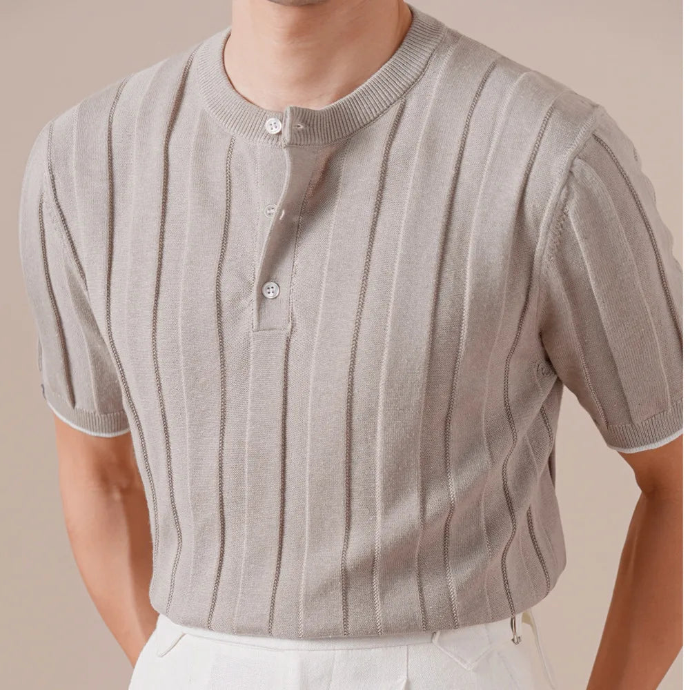 HEARUJOY  -  Cotton Linen Blend Italian Henley Collar Short Sleeve Polo Shirt Men Social Club Outfits Summer Top Thin T-Shirt Tee Shirt Homme