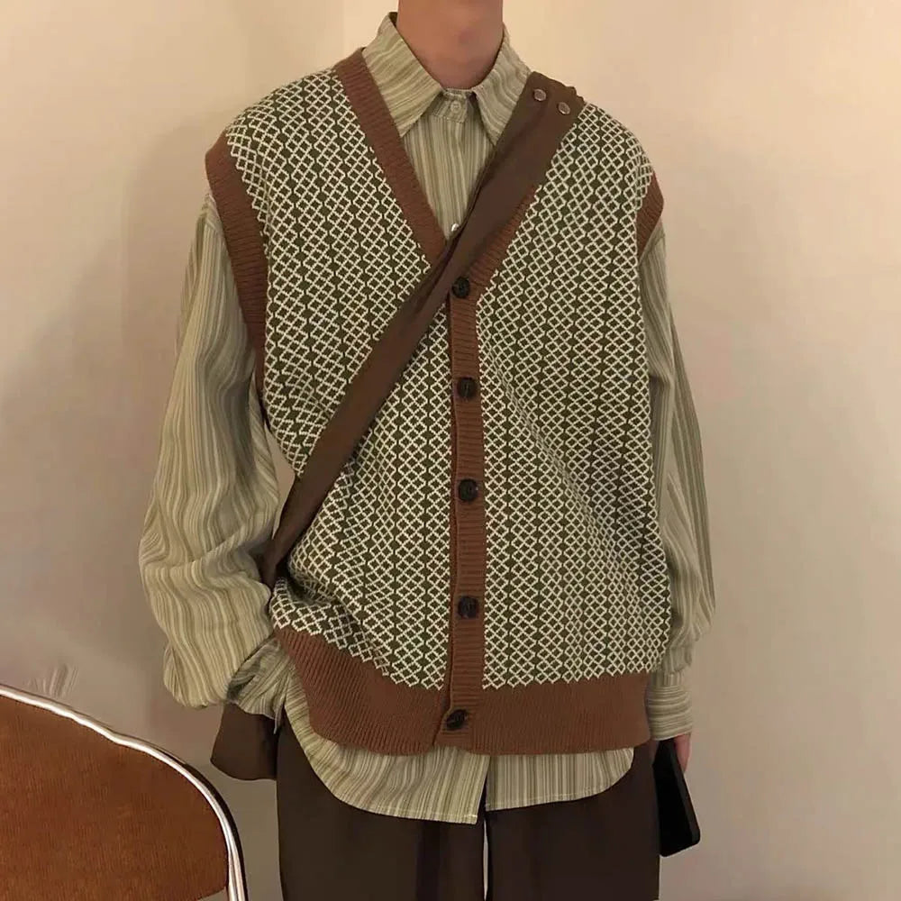 HEARUJOY  -  Men's Knitted Cardigan Sweater Vest Japanese Retro Fashion Trend Street Casual Loose Simple Breathable Niche New Men's Tops