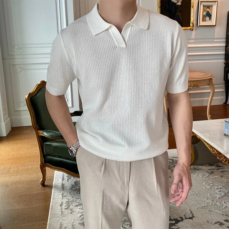 HEARUJOY  -  New Fashion Business Tops Men's Polo Shirt Light Luxury Leisure Knitted V Neck T-shirts for Man Korean Popular Short Sleeve Tees