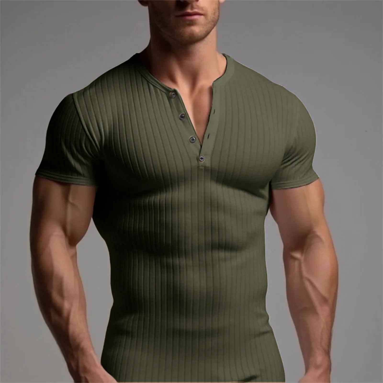 HEARUJOY  -  Men's Threaded T-shirt Summer Running Sports Fitness Clothes Muscle Slim Fit Short Sleeve T-shirt V-neck Collar Casual Tops