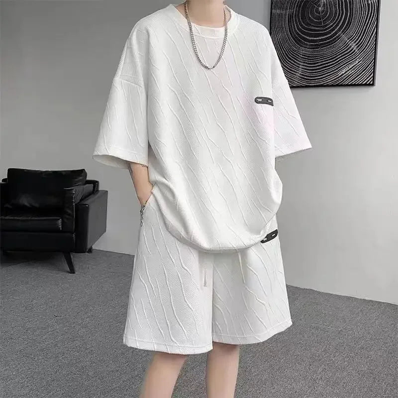 HEARUJOY  -  Jacquard Man Sets Tracksuit Sweatsuit Sweatshirts Original Brands Essential Polyester Slim Fit Tee T-shirts Shorts Suits for Men