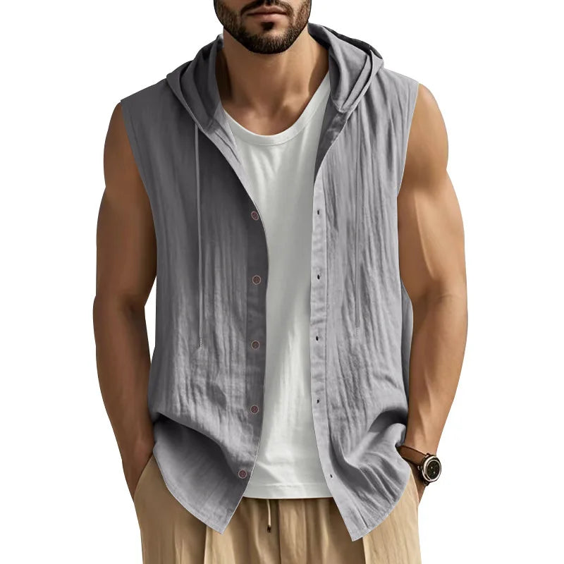 HEARUJOY  -  Summer Men's Casual Sleeveless Hooded Shirt, Linen Hooded Solid Color, Breathable and Loose Top