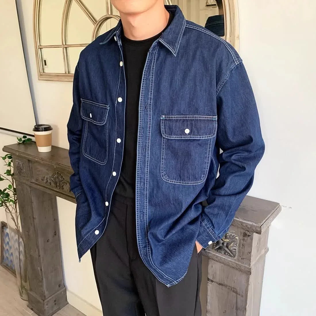 HEARUJOY  -  American Vintage Men's Denim Shirt Safari Style Double Pocket Lapel Long Sleeve Top Spring Autumn Fashion Streetwear Shirts Male