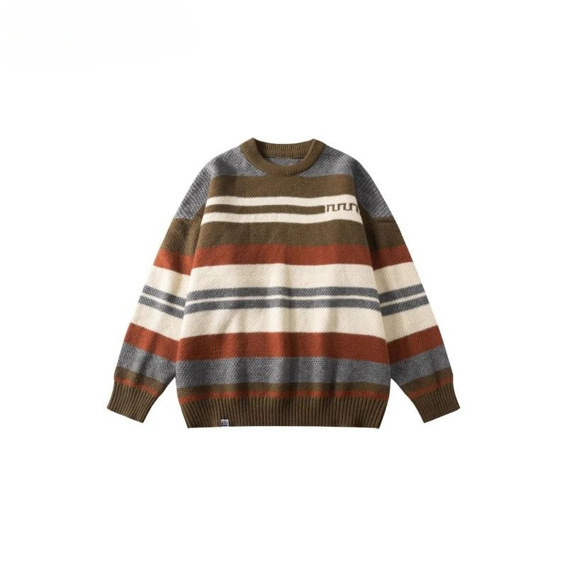 Hearujoy Winter Men's Retro O-neck Sweater with Contrasting Stripes Casual Loose Pullover Sweater for Teenagers Preppy Striped Cardigan