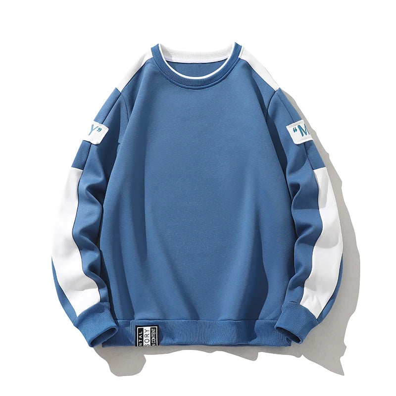 HEARUJOY  -  Men's Round Neck Hoodies Spring Autumn New Fashion Trend Versatile Patchwork Long Sleeve Letter Print Pullover Loose Casual Tops