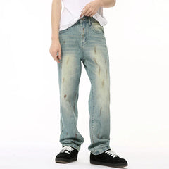 Hearujoy Male Denim Pants New American Worn-out Vintage Splash Ink Whiten Washed Straight Leg Jeans Summer Trendy 9C6674