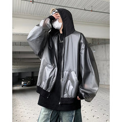 Hearujoy Korean Chic New Spring Transparent Hooded Jacket Men High Quality PU Casual Loose Jackets Male Streetwear Oversized Coat