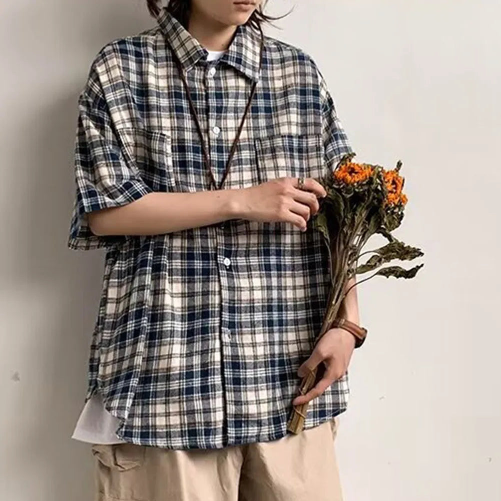 HEARUJOY  -  Plaid Shirt For Men Casual Couple Loose Mens Shirt Polyester Fabric Slight Stretch All Seasons Applicable Male