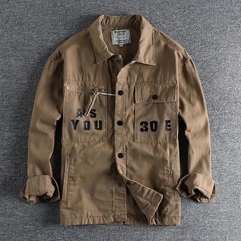 HEARUJOY  -  Men Workwear Military Long Sleeve Shirts Cotton Casual Loose Handsome Versatile Male Cargo Washed Big Pocket Woven Shirt Jackets