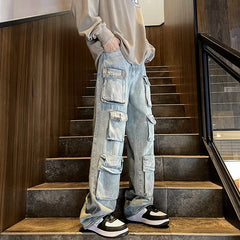 Hearujoy Harajuku Muti-pockets Cargo Jeans Men's Washed Patchwork Straight Casual Trousers Couple Streetwear Loose Fashion Pants