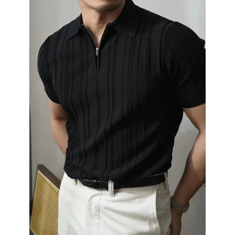 HEARUJOY  -  Summer Men Solid Zipper Knitted Polo Shirt Streetwear Fashion Male Clothes Lapel Slim Basic Business Casual Short Sleeve Tops