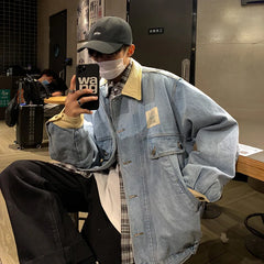 HEARUJOY  -  Retro Lapel Denim Jacket Men Jean Jackets Streetwear Turn Down Collar Denim Coats Cotton Casual Black Blue Coats Man Clothing
