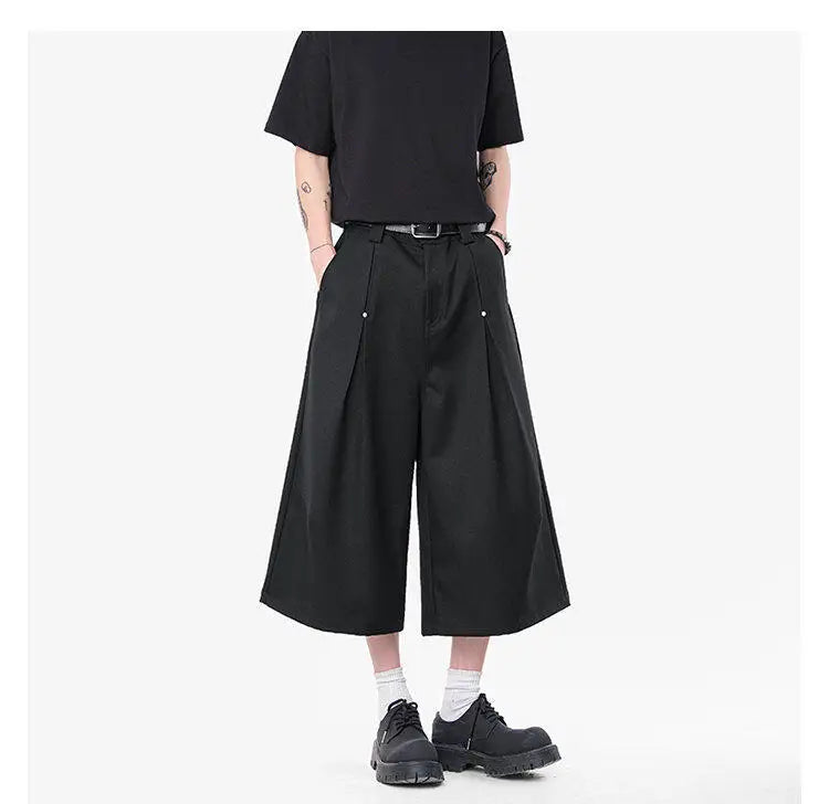 HEARUJOY  -  Korean Style Men Casual Shorts Solid Color Pleated Design Metal Design Cropped Trousers Cleanfit Male Bottom Simple