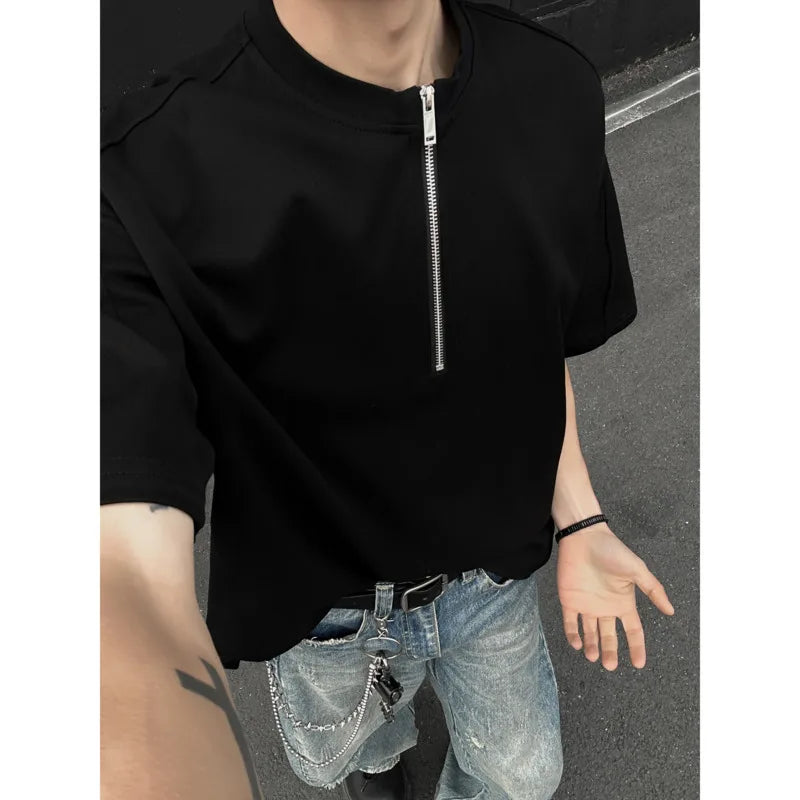 HEARUJOY  -  Summer Short Sleeved T-shirt Men Oversized Casual T Shirt Men Streetwear Korean Loose Round Neck Zipper T Shirt Mens Top M-3XL