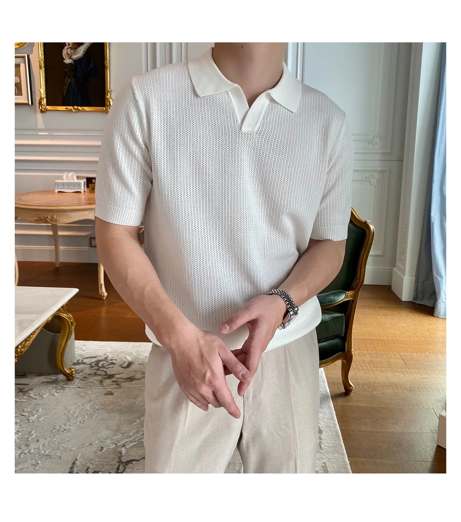 HEARUJOY  -  New Fashion Business Tops Men's Polo Shirt Light Luxury Leisure Knitted V Neck T-shirts for Man Korean Popular Short Sleeve Tees