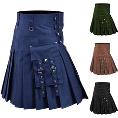 Hearujoy Mens Pocket Scottish Casual Skirt 2024 New Genderless Fashion Youth Medieval Retro Simple Steampunk Contrast Color Skirt Unisex