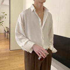 HEARUJOY  -  Long Sleeved Shirt Men Oversized Fashion Social Mens Dress Shirt Korean Loose Ice Silk White Shirt Mens Office Formal Shirts