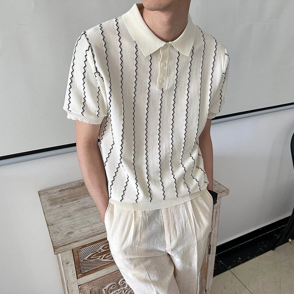 HEARUJOY  -  Summer New Men's Striped Knitted Short-Sleeved T-Shirt Retro Fashion Trend Casual Simple Loose Breathable Business Men's Tops