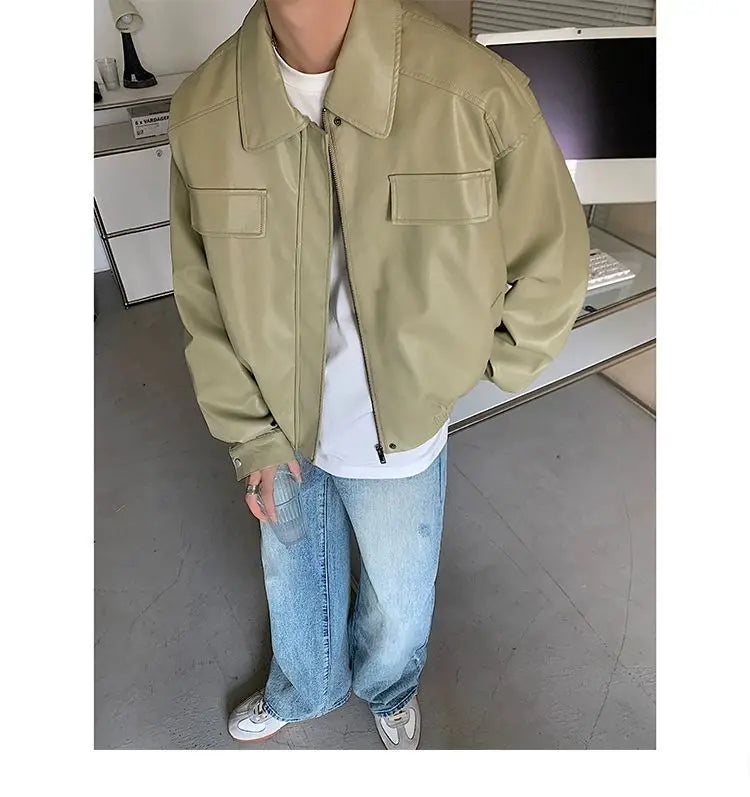 HEARUJOY  -  Men's Casual Texture PU Leather Jacket High Street Zippers Turn-down Collar Long Sleeve Retro Coat with Pocket Spring Autumn