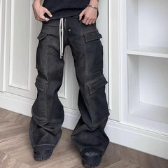 Hearujoy Ribbons Wide Leg Multi-Pockets Smoke Grey Baggy Jeans for Men Straight Pantalones Hombre Drawstring Denim Trousers