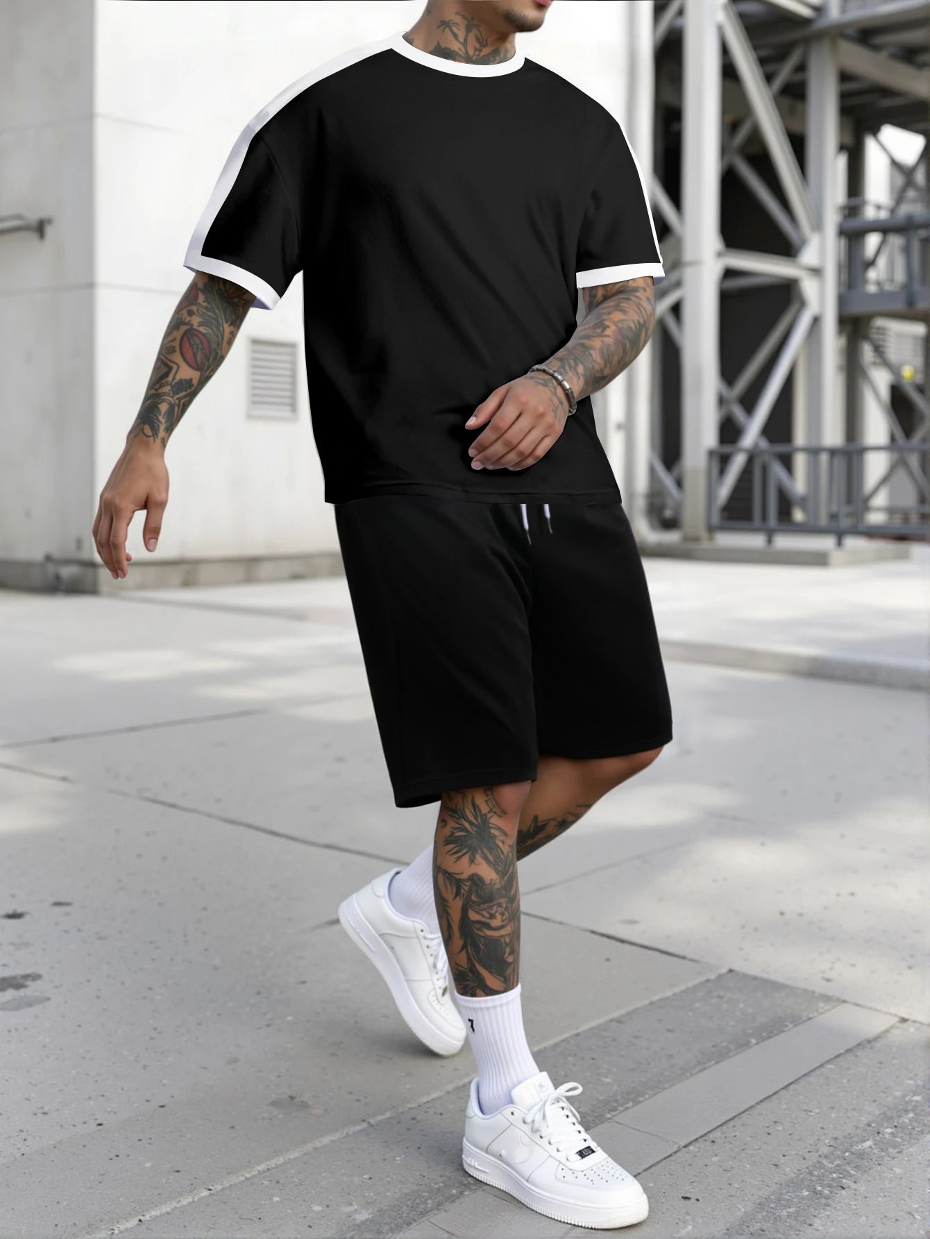 HEARUJOY  -  Summer New Color Matching Sports Suit Men's Short-Sleeved Shorts Loose T-Shirt Five Length Pants Casual Running Set Two-Piece