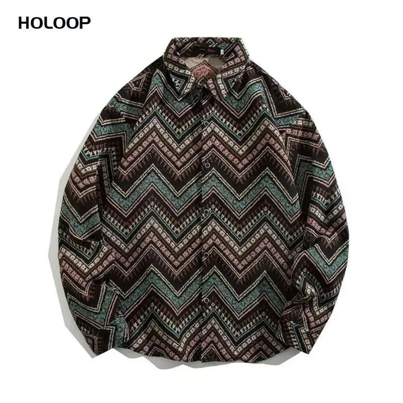 HEARUJOY  -  Cuban Colored Numb Ethnic Style Shirt Men Weaving and Embroidered Spring and Autumn Retro Hong Kong Style Shirt Jacket