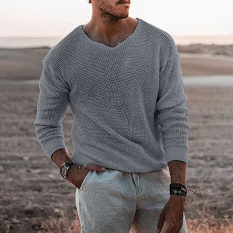 HEARUJOY  -  Men's Casual Knitted Sweater, Long Sleeve, Patchwork Color, O-Neck Tees Top, Loose Hollowed Breathable Knitwear, Streetwear