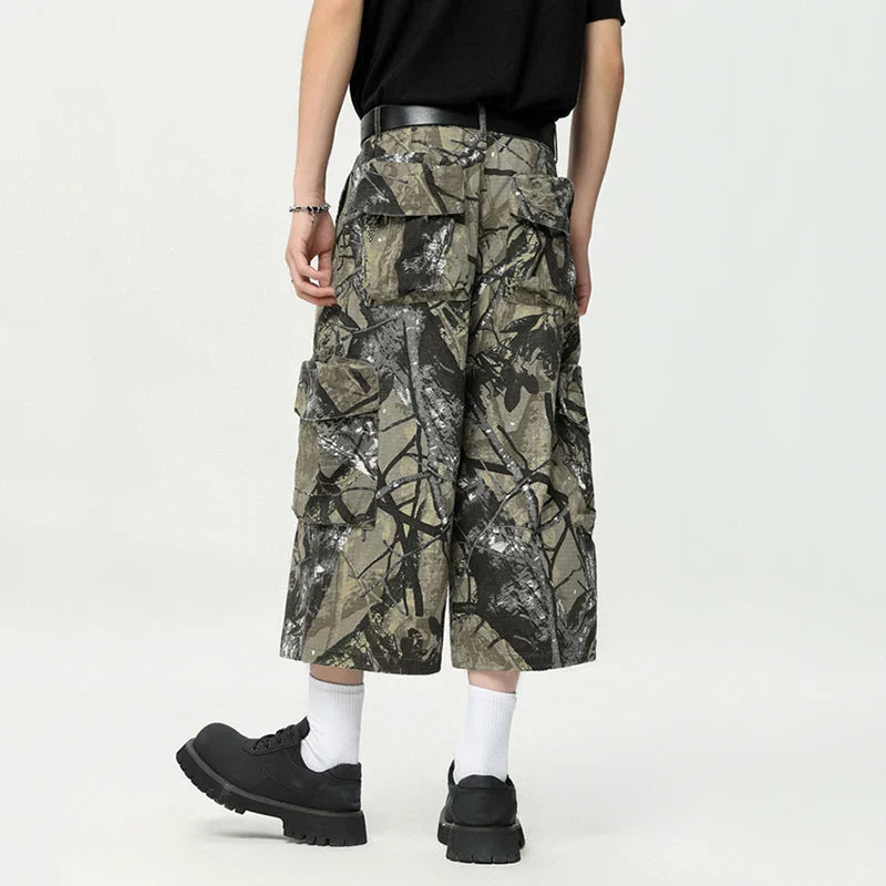 Hearujoy American Style Men Graffiti Cropped Trousers Summer Fashion Casual  Straight Wide Leg Male Shorts Camouflage Color 9C6630