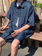 HEARUJOY  -  Japanese Man Sets Work Clothes Loose Cool Two-piece Set New in Matching Elastic Baggy Korean Stylish Shirts Shorts Suits for Men