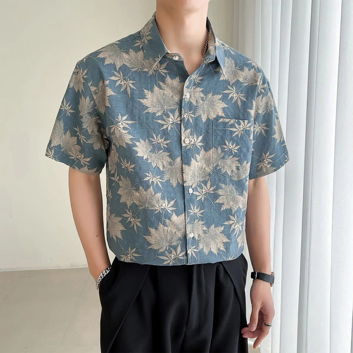 HEARUJOY  -  Loose Maple Leaf Flower Shirt Men's Short-sleeved Mature Style Casual Five-point Sleeves