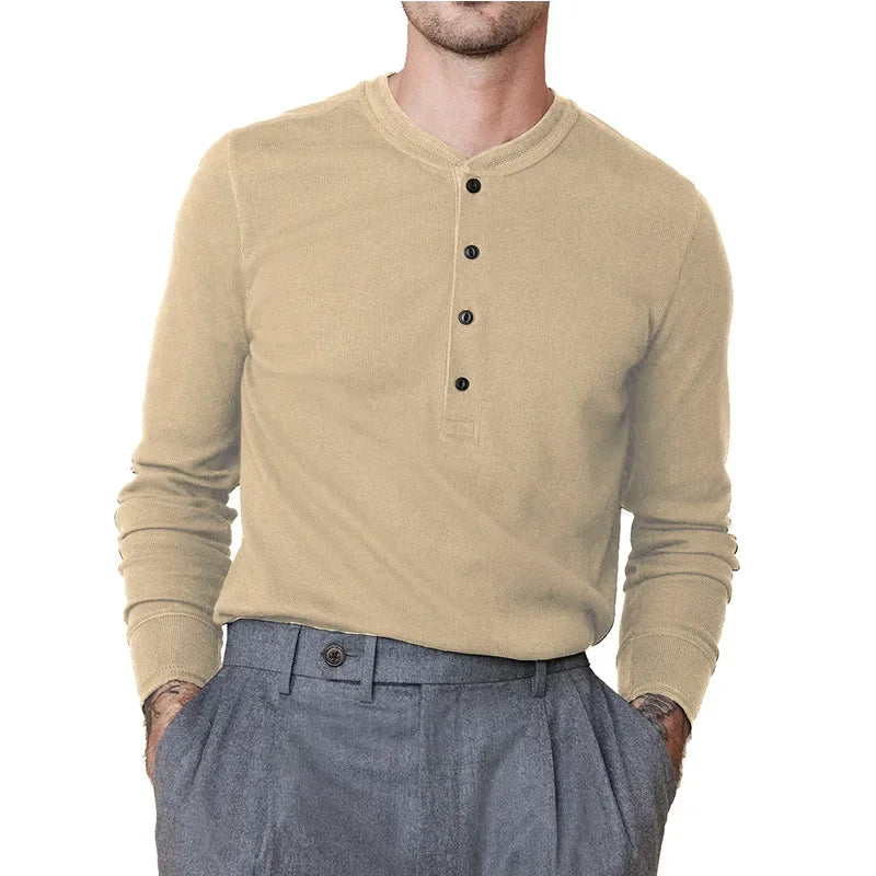 HEARUJOY  -  Men's Fashion Crewneck Long Sleeve T-shirt Henry Spring and Autumn Base Shirt Button Jumper Top
