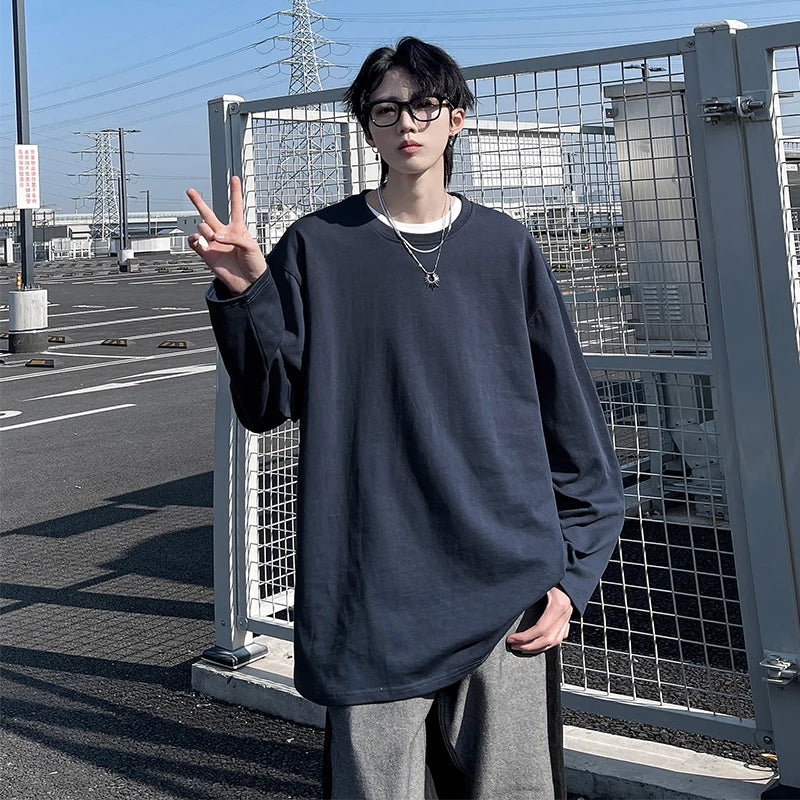 HEARUJOY  -  Autumn Men's Long Sleeve Cotton T Shirt Fashion Solid Loose T Shirts Mens Oversized Hip Hop Casual Mens Streetwear Top Tees