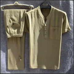 HEARUJOY  -  Summer Comfortable Short-Sleeved Button Shirt Sets Men's Solid Color Shirt Shorts Suit Men's Cotton Linen Casual Suit