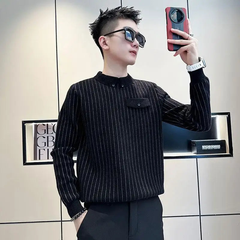 Hearujoy Men Clothing Autumn Winter Korean Fashion Striped Basic Knitted Sweater Casual Polo Collar Long Sleeve Slim Pullover Tops Jumper