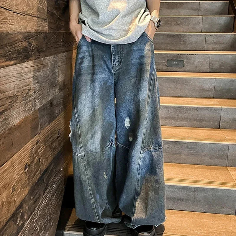 Hearujoy American Fashion Ripped Jeans Men Retro Trendy Floor-length Wide-leg High Street Design Reverse Wear Loose Street Style Pants