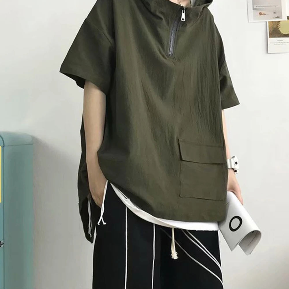 HEARUJOY  -  Pullover Men Tops Hoodie Loose Pocket Polyester Casual Harajuku Hip Hop Hooded Short Sleeve Solid Color Sweatshirt