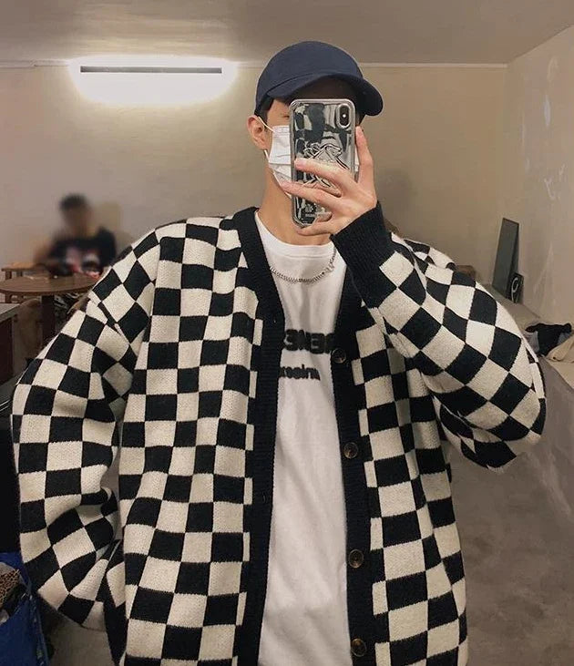 HEARUJOY  -  V Neck Man Clothes Knitted Sweaters for Men Green Plaid Cardigan Black Jumpers Sale Wool A Mode T Shirt Warm Korean Autumn S Fun