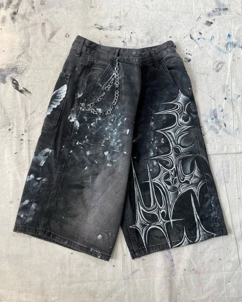 HEARUJOY  -  High Street Fashion Brand High Waist Washed Denim Shorts Women Y2k American Hip Hop Rock Fashion Graffiti Oversized Shorts Men