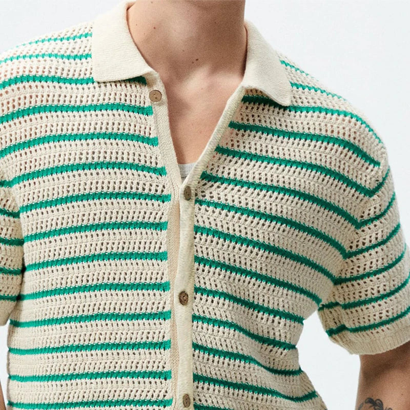 Hearujoy Summer Clothing Men's Light Luxury Knitted Polo Shirt Casual Vintage Button-down Striped Short Sleeve Fashion Leisure Knitwear