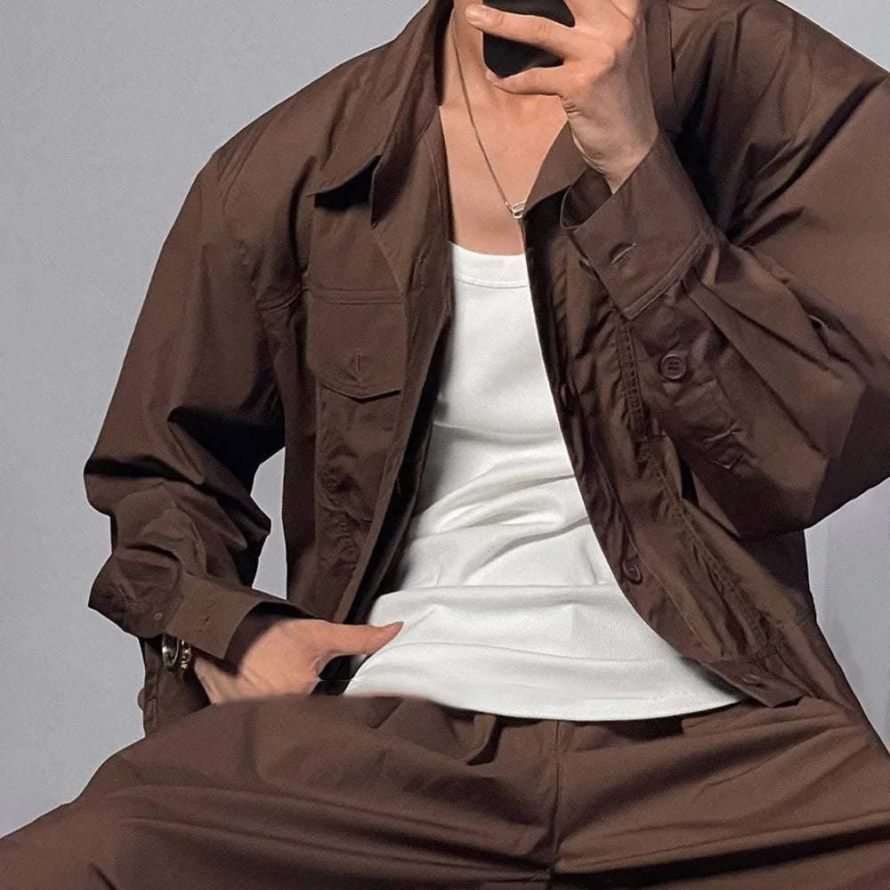 HEARUJOY  -  Mens Suits Casual Commuting Business Short Jacket Trousers Autumn Japanese Simple Solid Color Two-Piece Suit Men'S Clothing