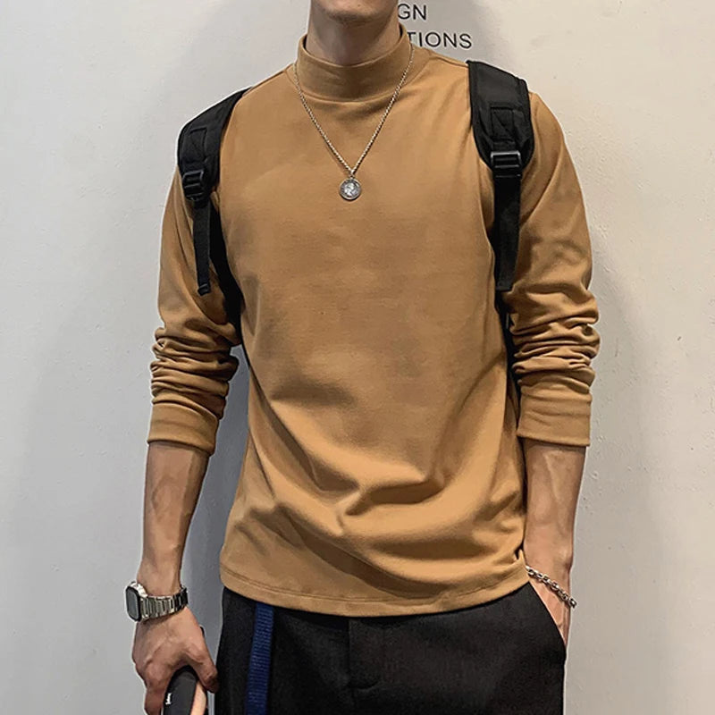 HEARUJOY  -  Autumn and Winter New Temperament Versatile Commuting Men's Clothing Fashion High Collar Simplicity Solid Color T-shirt