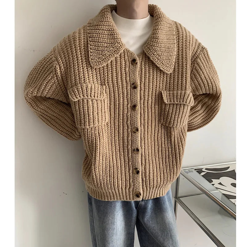 Hearujoy Winter Thick Cardigan Sweater Men Warm Fashion Short Sweater Coat Men Korean Loose Lapel Sweater Cardigan Mens Jumper Clothes