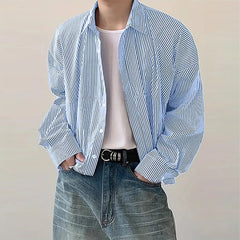 HEARUJOY  -  New Japanese Trendy Men Shirts Light Luxury Textured Lapel Striped Long Sleeve Cardigan Tops Leisure Premium Loose Blouse M-2XL