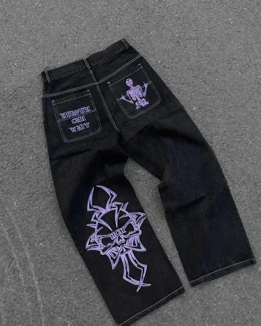 Hearujoy Goth Hip Hop Oversized Skull Embroidery Pattern Y2k Baggy Jeans New Men and Women Straight Black Jeans Retro Casual Denim Pants