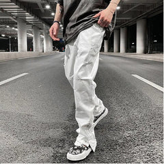 Hearujoy Mens Hole Ripped White Ankle Zipper Button Jeans Pants Straight Pockets Solid Color High Street Retro Loose Denim Trousers