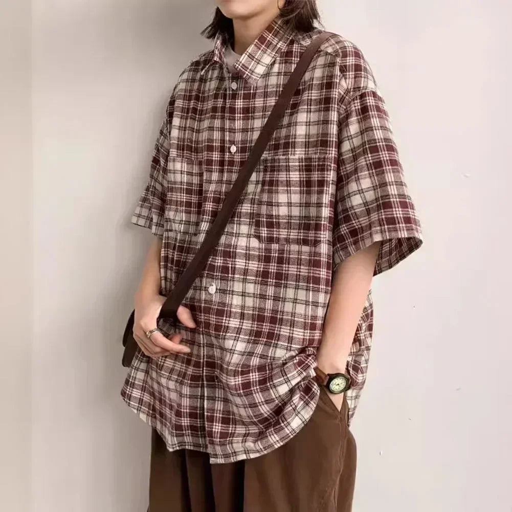 HEARUJOY  -  Plaid Shirt For Men Casual Couple Loose Mens Shirt Polyester Fabric Slight Stretch All Seasons Applicable Male